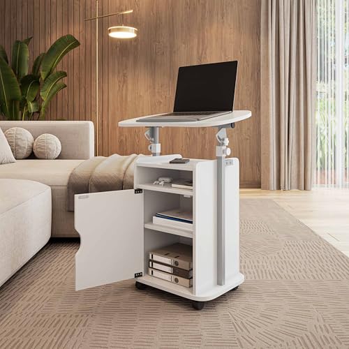 Techni Mobili Adjustable Laptop Cart w/Storage, Rolling Mobile Desk, White | Adjustable laptop cart with storage cabinet, shelf, locking wheels, sit‑stand height for home office, bedside, classroom - color: White