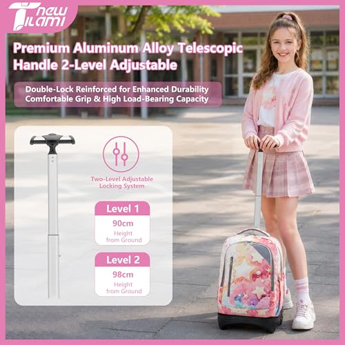 NEW TILAMI 18 Inch Rolling Backpack with Lunch Bag for Girls Boys School | 6-Wheel Stair-Climbing Girls Boys Carry-on Suitcase Water-Resistant Adjustable Trolley Handle Wheels School Travel Camping - color: Starshine