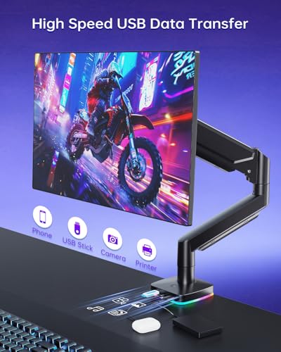 Afaloona RGB Gas Spring Monitor Arm with USB Hub for 13-32" Monitors | 3 USB ports (2 USB-C + 1 USB-A), Charging and Data Transfer, Full Motion Adjustable, Max Load 19.8lbs, Max VESA 100x100mm - size: RGB Gas Spring Monitor Stand