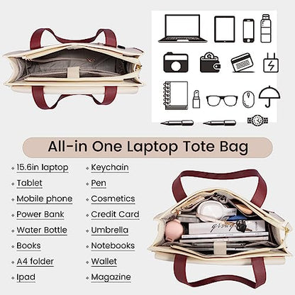 LOVEVOOK Laptop Tote - 15.6 Inch Professional Leather Computer Briefcase - Waterproof Shoulder Bag - Large Capacity Business Teacher Office Bag - Crossbody Purse - color: 168# Dark Red/Off-white, size: 15.6 Inch