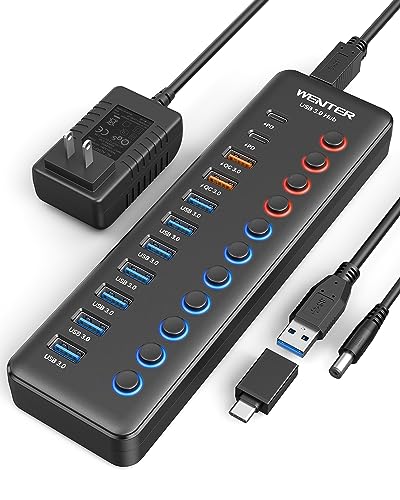 Powered USB 3.0 Hub, Wenter 48W 11-Port USB Hub Splitter (7 Faster Data Transfer Ports+ 4Pcs QC Charging Ports) with Individual LED On/Off Switches, USB Hub 3.0 Powered with Power Adapter - color: 7+2+2