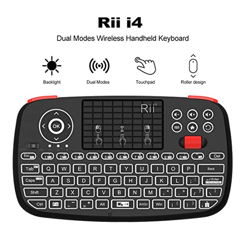 (Upgrade) Rii i4 Mini Bluetooth Keyboard with Touchpad, Blacklit Portable Wireless Keyboard with 2.4G USB Dongle for Smartphones, PC, Tablet, Laptop TV Box iOS Android Windows Mac.Black
