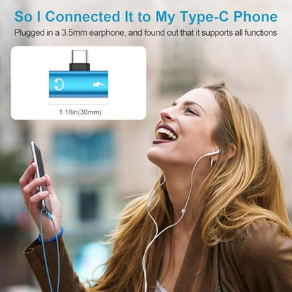 USB C to 3.5mm Headphone and Charger Adapter,2in1 USB C to Aux Jack Adapter | Audio Adapter with PD 60W Fast Charging Dongle Cable Convertor for Samsung Galaxy S26 Ultra/S25 FE/A17/A16/Z Flip7 iPhone 17 - color: blue