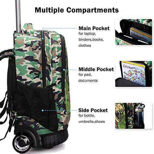 Tilami Rolling Backpack 19 inch with Lunch Bag Wheeled Laptop Backpack, Dinosaur Camouflage - color: Dinosaur Camouflage