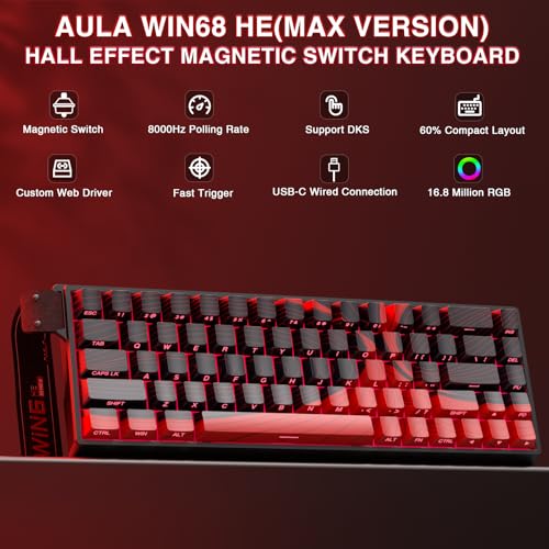 AULA WIN68 HE MAX - Hall Effect Gaming Keyboard with Magnetic Switch, Adjustable Actuation Fast Trigger Mode, 8KHz Polling Rate, RGB Backlit Wired Mechanical Gaming Keyboard 60 Percent Compact Design - color: Black&Red-Max Version