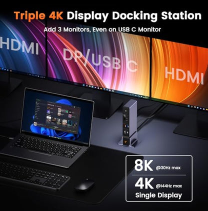 TobenONE Laptop Docking Station 3 Monitors, 8 USB Ports, 150W Adapter | 100W PD and 20W Charging, 2.5G Ethernet, Triple 4K via 2 HDMI, DP, USB C, Single 4K@144, SD/TF 4.0 for Windows/Chrome OS