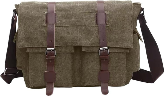 Canvas Leather Messenger Bag for Men and Women, Vintage Crossbody Shoulder Bag, Fits up to 17.3 In Laptop - color: Green
