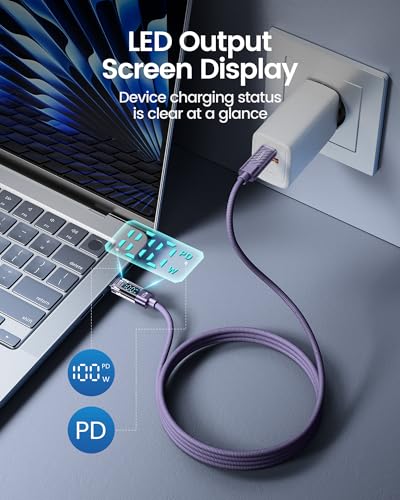 toocki USB C to USB C Cable with LED Display 100W 6.6ft, 2Pack | Fast Charging, Nylon Braided, Purple, Compatible with iPhone 17/16, MacBook Pro, Galaxy S25 - color: Purple, size: 6.6+6.6ft