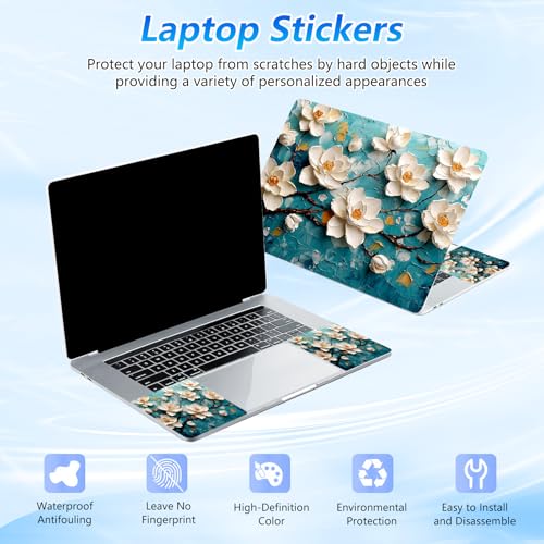 Universal Laptop Skin Sticker Decal with 2 Wrist Pad Skins, Waterproof Scratch Vinyl Cover for 11–15.6 Inch MacBook, HP, Dell, Lenovo, Cutable & Reusable,3D Textured Magnolia Art - color: 3D Textured Magnolia Art