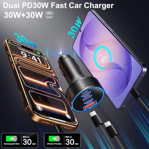 98W Car Charger USB C Fast Charge, 2 Pack 4-Port Fast Car Phone Charger | [4 in 1] Dual PD30W+PD20W+QC18W,3 USB-C & USB-A Cigarette Lighter USB Charger Adapter for iPhone 17 16 15 Pro Max,iPad,Galaxy - color: Black