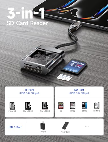 JSAUX 3-in-1 SD Card Reader USB C 5Gbps with PD 60W Fast Charging, Type C Micro SD Memory Card Reader for TF SD Micro SD SDXC SDHC, Compatible with iPhone 16 Pro Max, MacBook, Galaxy, iPad Pro, Camera