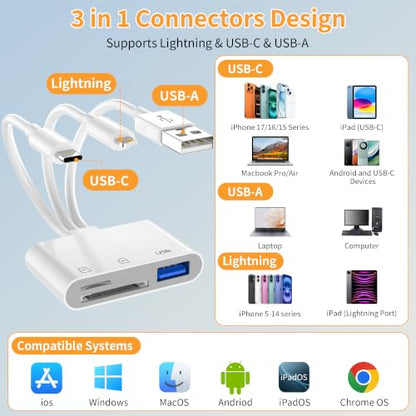 SD Card Reader for iPhone iPad Mac, 3-in-1 USB-C & Lightning & USB-A MicroSD/SD Adapter, Plug & Play Camera Adapter to iPhone, High-Speed Memory Card Reader for Digital Camera Trail Camera,Laptop