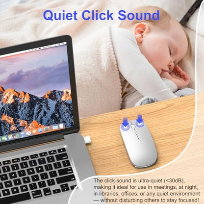 Bluetooth Wireless Mouse for MacBook Air Mac Pro iPad Laptop Computer Pad Optical Rechargeable Slim Silent Dual Mode (2.4G USB-C/USB-A&Bluetooth 5.2/3.0) Mouse Jiggler for Computer Awakening - Silver - color: SILVER