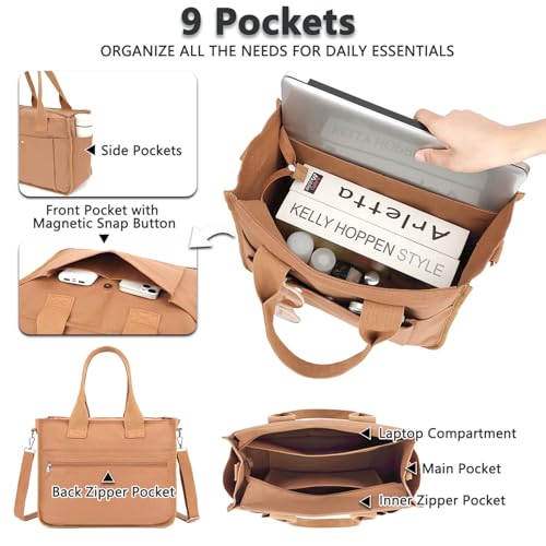 Fammart Large Canvas Tote Bag for Women with Zipper & Compartments, Crossbody Laptop Bags for Work College Travel - color: Brown