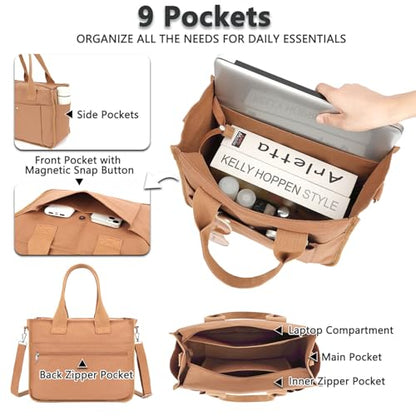 Fammart Large Canvas Tote Bag for Women with Zipper & Compartments, Crossbody Laptop Bags for Work College Travel - color: Brown
