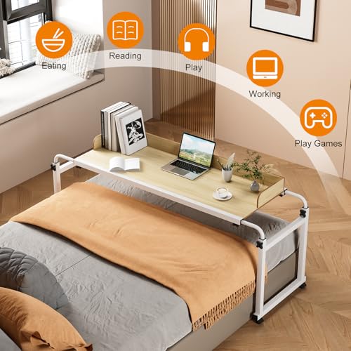 Adjustable Height Overbed Table, Rolling Overbed Bedside Desk with Raised Baffle and Spacious Desktop, Over BedTable with Wheels for Home Office Bedroom Hospital Use (Wooden Color1) - color: Wooden Color1