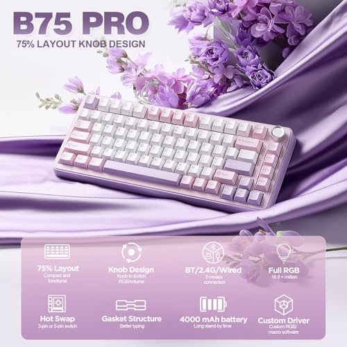 YUNZII B75 PRO Wireless Mechanical Gaming Keyboard | Custom 75% Layout with Knob,Gasket Mount,Hot Swap,Creamy Pre-lubed Switch,BT/USB-C/2.4G(Cocoa Cream V2 Switch,Purple) - color: Purple, size: Cocoa Cream V2 Switch