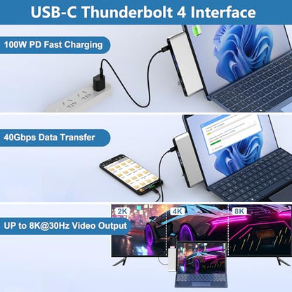 Surface Pro 9/10/11/X Docking Station with 4K HDMI, USB-C Thunderbolt 4 (8K@30Hz Video+40G Data+100W PD), 100M RJ45, 2 USB 3.0, SD/TF Card Slot, 3.5mm Audio, Triple Display for Surface Pro 9/10/11/X
