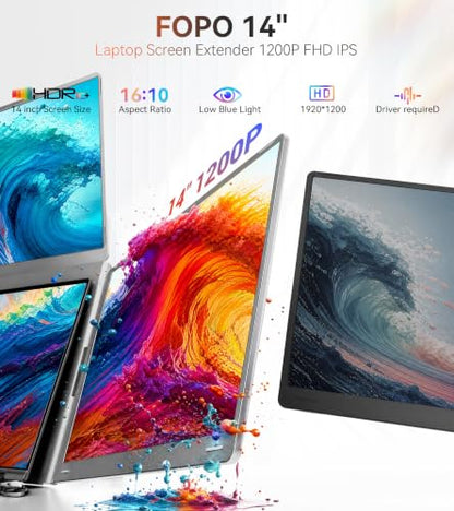14" Laptop Screen Extender, Quad Monitor for 12"-17.3" Wins/Mac | Need Driver One Cable to Triple Display. Boosts productivity. 360° flip.Compatible with Wins 10/11 & Mac M1/M2/M3/M4/M5