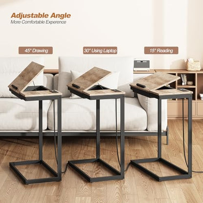 TUTOTAK Large C Shaped End Table, Side Table with Charging Station C Table | Tilting Laptop Stand with Storage, Computer Couch table for Living Room, Bedroom, Greige TB01BG090 - color: Greige, style: Plug
