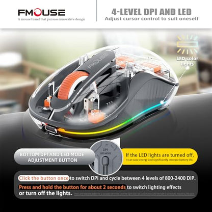 FMOUSE Transparent Wireless Mouse, Tri-Mode Bluetooth 5.1 & 2.4GHz, USB-A & USB-C Receiver, Silent Rechargeable RGB, 3 Devices for MacBook Laptop iPad PC, Business Minimalist — Grey - color: Grey