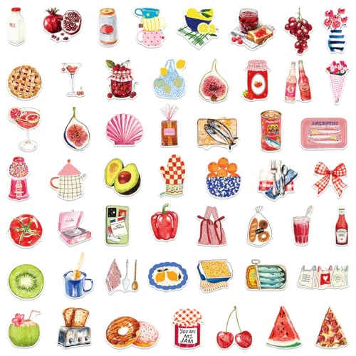 50Pcs Watercolor Food Stickers Vinyl Set | Hand-drawn food themed waterproof vinyl decals for water bottles, laptops, journals, DIY crafts and personal items. - style: Watercolor Food Stickers