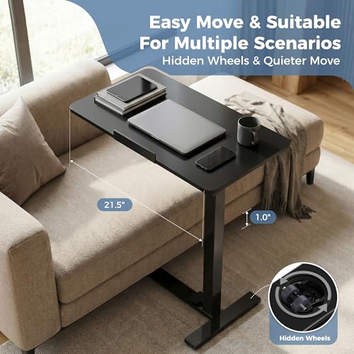 DUMOS Mobile Standing Desk, Bedside Table, Overbed Table | Adjustable Pneumatic Lift, Hidden Wheels, Portable Computer Cart, Bed Couch Office Sofa, Modern Black - color: Modern Black