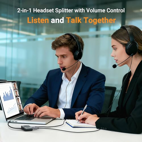 3.5mm Dual Headset Adapter with Volume Control, 1/8" to 2 TRRS Microphone Connector, Double Headphones Audio Splitter for 2 People Meeting, Recording, Online Training, Music Sharing