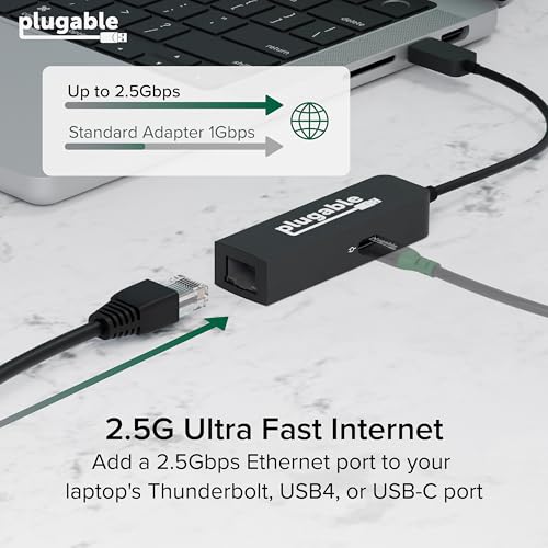 Plugable USB C to Ethernet Adapter 2.5Gb with 100W USB-C PD Charging, 2.5 Gigabit Type C USB Ethernet Adapter for Windows, MacBook, Chrome, iPad, Surface, XPS, Thunderbolt 4, USB4 (USBC-E2500PD)
