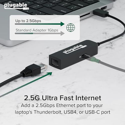 Plugable USB C to Ethernet Adapter 2.5Gb with 100W USB-C PD Charging, 2.5 Gigabit Type C USB Ethernet Adapter for Windows, MacBook, Chrome, iPad, Surface, XPS, Thunderbolt 4, USB4 (USBC-E2500PD)
