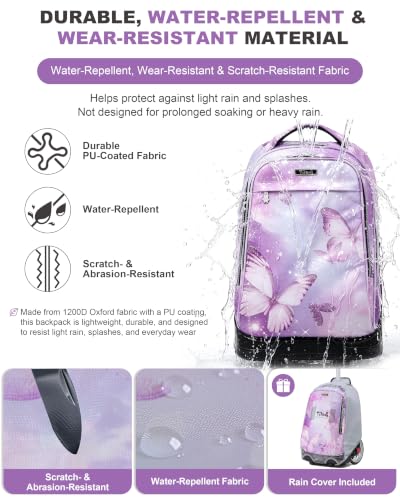NEW TILAMI 19 Inch Rolling Backpack with Lunch Bag School Stair-Climbing | Stair-Climbing Teen Boys Girls Carry-on Suitcase Large Compartment 15.6 Laptop Sleeve Adjustable Handle Roller Travel Bag - color: Purple Butterfly