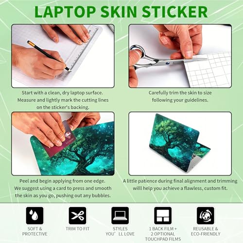 Laptop Skin Sticker Decal, Universal Protective Cover Fit 12 13 14 15.6 Inch Notebook, Reusable Water-Resistant Vinyl Decal w/ 2 Wrist Pads for Business Travel Office, Green Tree - color: Green Tree