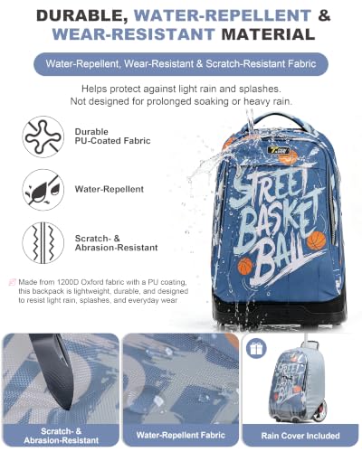 NEW TILAMI 19 Inch Rolling Backpack with Lunch Bag School Stair-Climbing | Stair-Climbing Teen Boys Girls Carry-on Suitcase Large Compartment 15.6 Laptop Sleeve Adjustable Handle Roller Travel Bag - color: Blue Basketball