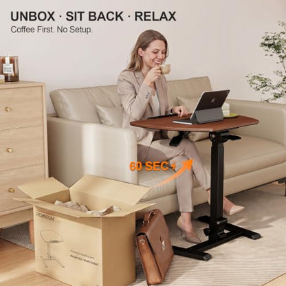 ROMOON Folding Standing Desk with Wheels: No-Assembly, Height Adjustable | Portable Sit-Stand Laptop Cart with Tilt Top, Rolling Computer Table for Home Office, Sofa, Bedroom and Small Spaces, Walnut - color: Walnut