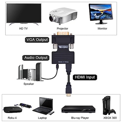 Tendak Active 1080P Female HDMI to VGA Male Converter Adapter Dongle with 3.5mm Stereo Audio Portable HDMI Connector for Laptop PC PS3 Xbox STB Blu-ray DVD TV Stick