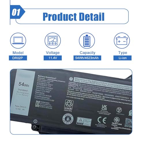 54Wh DR02P R73TC Laptop Battery Compatible with Dell Latitude 5550 5540 5450 5440 Precision 3590 3580 3480 3490 Series 2X1V9 02X1V9 803W6 0803W6 11.4V 4623mAh - size: 10.37*3.38*0.18 inch DR02P