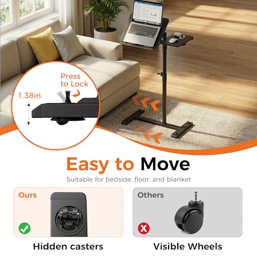 Aothia Small Standing Desk Rolling Table Adjustable Height, Laptop Mobile Stand with Wheels, Overbed Table, Portable Computer Workstation with Tiltable Desktop for Teacher Classroom Home Office, Black - color: Black