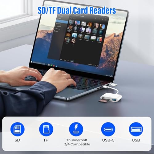 SD Card Reader for iPhone iPad, Built-in Lightning USB-C Dual Port SD Card Adapter with SD MicroSD USB 3 Slots Trail Camera Memory Card Viewer, No App Required, Plug and Play