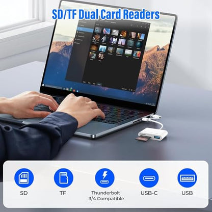 SD Card Reader for iPhone iPad, Built-in Lightning USB-C Dual Port SD Card Adapter with SD MicroSD USB 3 Slots Trail Camera Memory Card Viewer, No App Required, Plug and Play