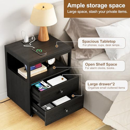 Bedroom Nightstand with Charging Station, Side Table with 2 Drawers,Sofa End Table Living Room with Wheels for Living Room Bedroom Office(Black) - color: [A2] Black