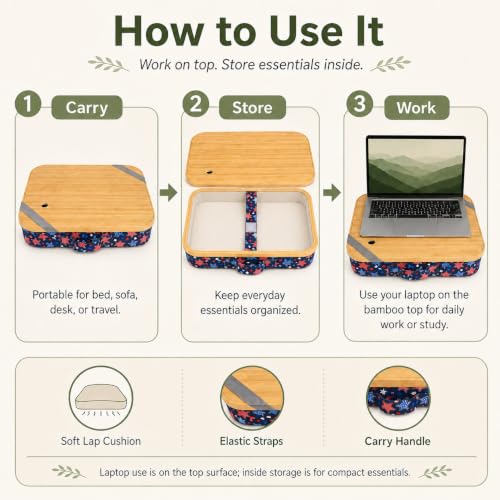 Mayjoy Bamboo Laptop Lap Desk with Storage, Removable Cover, Navy Star | Use laptops up to 15.6” on the bamboo top; store tablets, notebooks, mouse, cables, and pens inside. - color: Navy Star