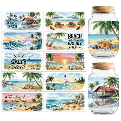 Peacoblue UV DTF Cup Wraps Transfer Stickers Summer Beach Scenery Pattern, 10 Sheets Waterproof Custom Vinyl Transfer Sticker 16oz Coffee Glass Cup Tumbler Bottle Mug Decals for Men Women - style: Summer Beach Scenery