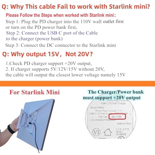 Starlink Mini Power Cord, Work with 100W PD Charger and PD Power Bank for Starlink Mini (16.7ft) - size: 16.7 Feet