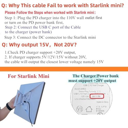Starlink Mini Power Cord, Work with 100W PD Charger and PD Power Bank for Starlink Mini (16.7ft) - size: 16.7 Feet