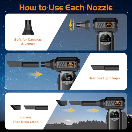 Compressed Air Duster 150000 RPM, Cordless Electric Air Blower with LED Light, 8000mAh Battery and Multi Nozzles for Computer, Keyboard, Car Interior & Electronics Cleaning (Black)