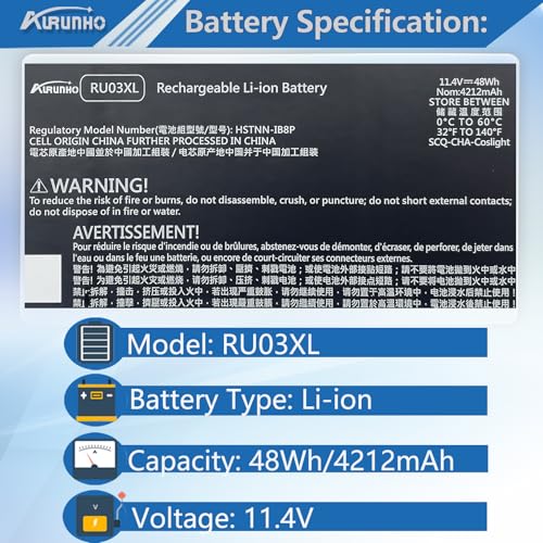 RU03XL 48Wh Laptop Battery Replacement for Hp Probook X360 440 G1 Education Edition G6 G5 G4 G3 Series RU03048XL L12791-855 HSTNN-LB8K 11.4V