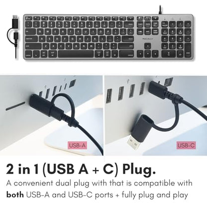 Macally Wired Keyboard for Mac with USB Hub (2X USB-A / 1x USB-C) - Compatible Backlit Apple Keyboard with Dual Interface - Auto OS Detection for Mac, MacBook Pro/Air, iMac, PC, Android, iPad, iOS - color: Space Gray