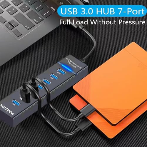 USB 3.0 SuperSpeed 7-Port Hub, High-Speed Data Transfer and Sync for Multiple Devices, Compatible with Laptop, PC, MacBook, iMac, Surface Pro, Windows/Mac/Linux, Bus-Powered, Plug and Play