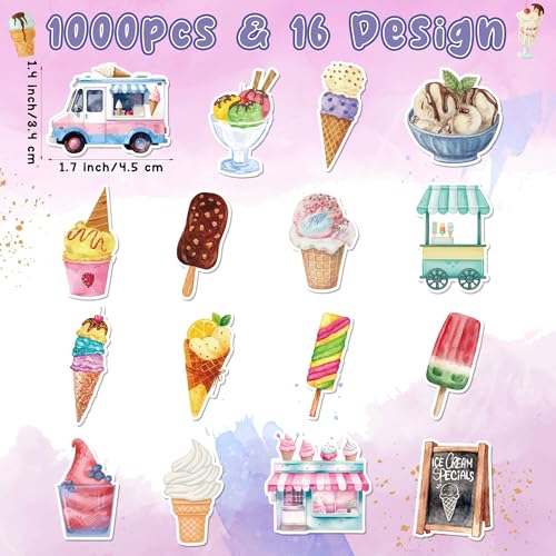 Haooryx Ice Cream Sticker Rolls - 1000Pcs Watercolor Summer Ice Cream Stickers 2 Rolls Waterproof Vinyl Self Adhesive Water Bottle Activity Pad Birthday Gift Party Favor DIY Scrapbook Journal Supplies - style: Ice Cream