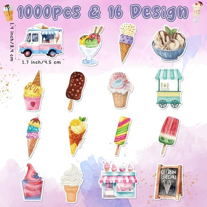 Haooryx Ice Cream Sticker Rolls - 1000Pcs Watercolor Summer Ice Cream Stickers 2 Rolls Waterproof Vinyl Self Adhesive Water Bottle Activity Pad Birthday Gift Party Favor DIY Scrapbook Journal Supplies - style: Ice Cream